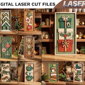 Peut inclure: Une collection de fichiers de découpe laser numériques étiquetés DIGITAL LASER CUT FILES NESTLAB, présentant des panneaux rectangulaires en bois avec des motifs de Noël superposés incluant maisons, moufles, cadeaux, boules, Père Noël, luges, tasses, bonnets et patins.
