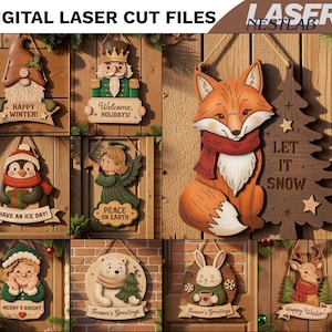 Puede incluir: Una colección de archivos digitales de corte láser con letreros de madera colgantes con temas festivos, incluyendo un gnomo, cascanueces, zorro con árbol, pingüino, ángel, persona con gafas, oso polar, conejo y ciervo con varios textos.