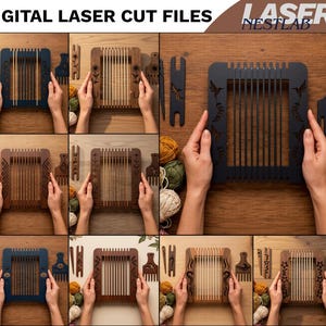 May include: A collection of digital laser cut files for weaving looms and shuttles, labelled DIGITAL LASER CUT FILES NESTLAB. The image displays various rectangular wooden and dark-coloured loom frames with intricate cut-out patterns and matching combs.