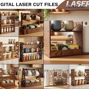 Pode incluir: Uma coleção de arquivos digitais de corte a laser para organizadores de cozinha em madeira, incluindo prateleiras em camadas, estações de chá e suportes para canecas. Os designs apresentam padrões complexos, armazenamento para potes de especiarias, saquinhos de chá e suportes para papel toalha, rotulados como NESTLAB.