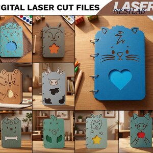 May include: A collection of digital laser cut files for wooden notebooks featuring animal designs including a cat, sheep, cow, bear, dog, parrot, and pig. Each notebook cover has a cutout shape and is bound with metal rings. Text reads DIGITAL LASER CUT FILES NESTLAB.