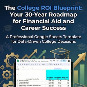 May include: A digital graphic promoting "The College ROI Blueprint," a Google Sheets template for financial aid and career success. The image features a laptop displaying a spreadsheet with financial data, arrows, and graduation cap icons, all set against a dark blue background.