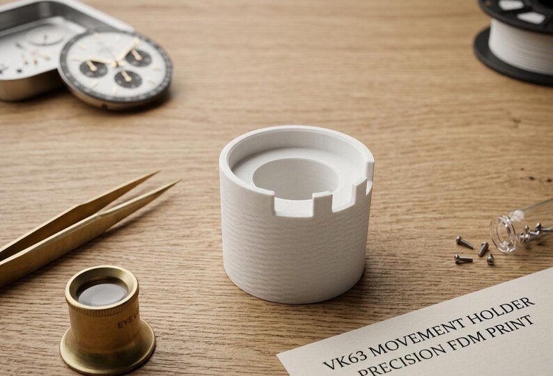 May include: A white, cylindrical watch movement holder with a castellated top, designed for precision FDM printing. The holder is on a wooden surface, alongside watch components and tools.