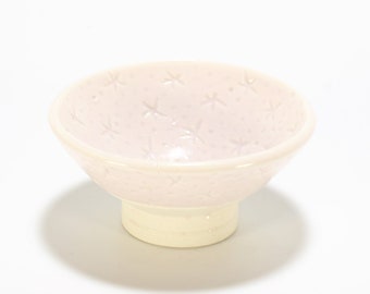 Small Pink and White Stoneware Guinomi, Tiny Carved Tea Bowl