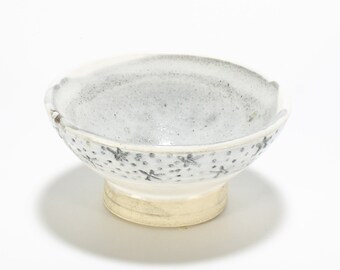 Small Black and White Stoneware Guinomi, Tiny Carved Tea Bowl