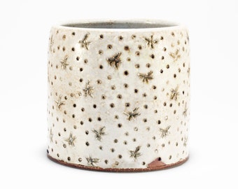 White Snowflake Whiskey Cup, Stoneware Lowball Rocks Glass