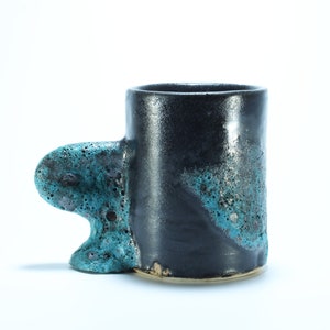 Awkward Black Mug with Turquoise Crater Glaze, Handmade Ceramic Coffee Cup