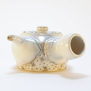 White Stoneware Teapot with Stars and Dots, Small Teapot with Side Handle