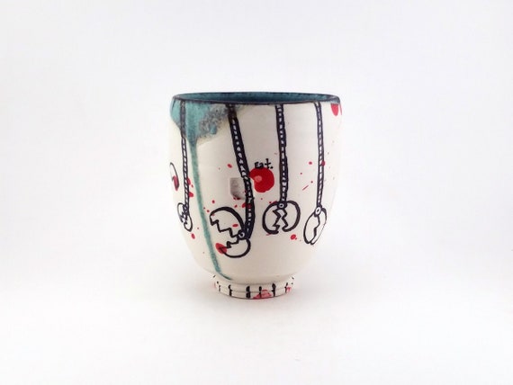 Robot Garden Cup, Hand Painted Turquoise Porcelain Yunomi