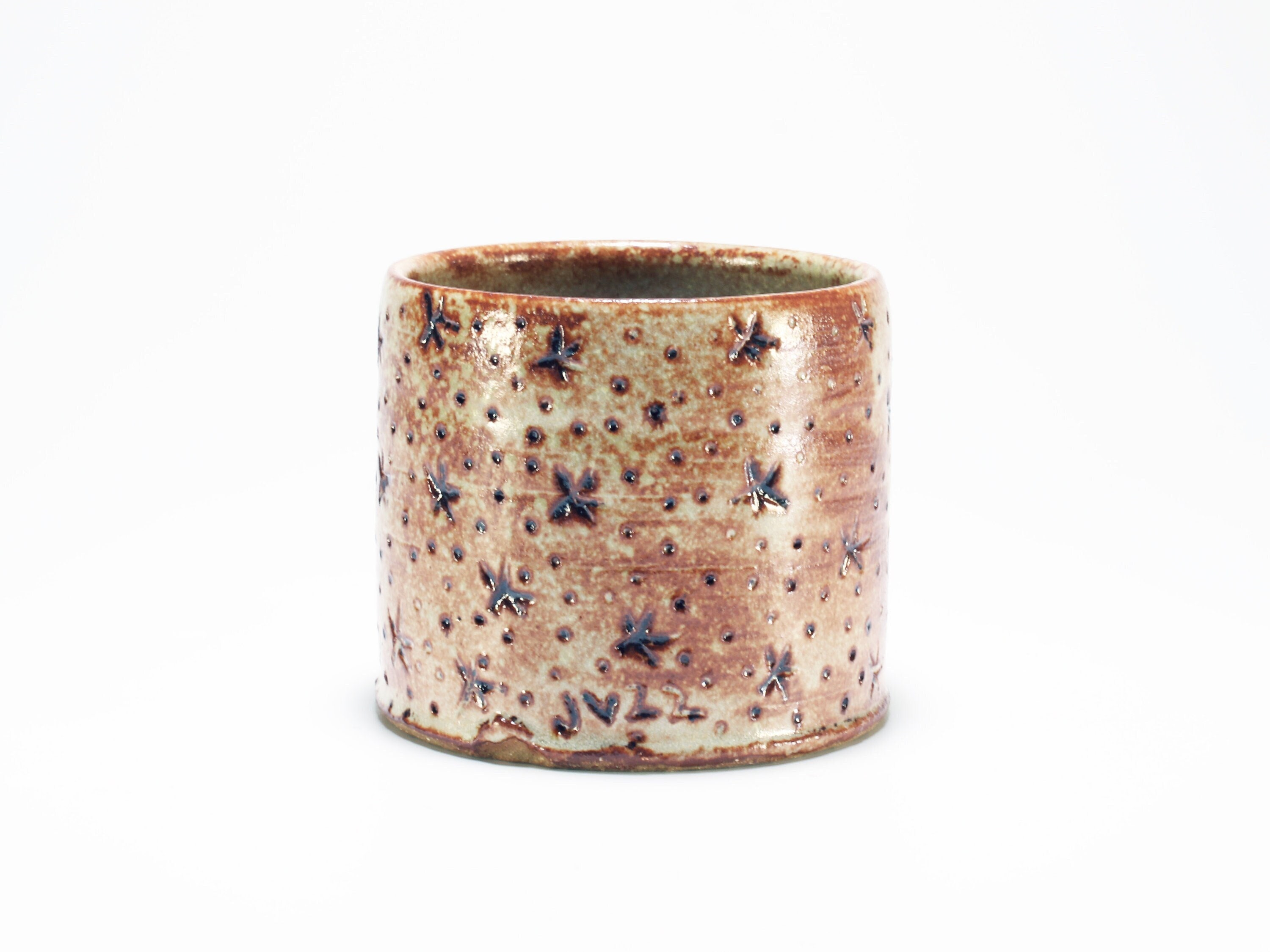 Shino Snowflake Whiskey Cup, Carved Stoneware Rocks Glass