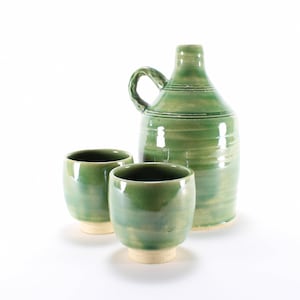 Green Whiskey Sipper Set, Stoneware Moonshine Jug & Cups