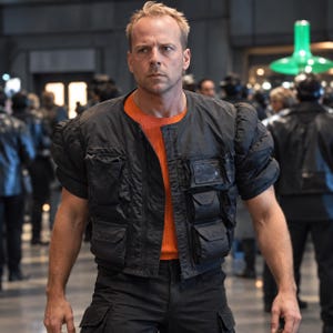 May include: A black utility vest with short, puffed sleeves and multiple front pockets worn over a bright orange ribbed shirt. The vest features a structured design with a high neckline and is paired with black trousers in a matching dark tone.
