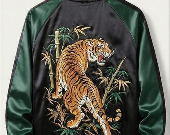 Green and Black Satin Jacket with Japanese Tiger Embroidery – Unisex Bomber Jacket