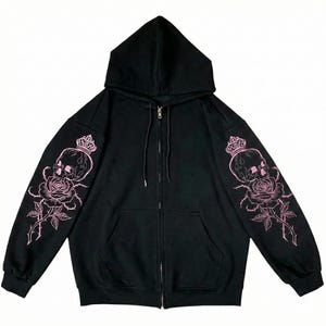 Black Skull Rose Zip Up Hoodie Pink Gothic Embroidered Sleeves