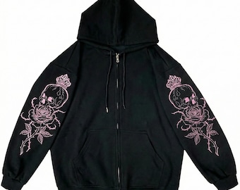 Black Skull Rose Zip Up Hoodie Pink Gothic Embroidered Sleeves