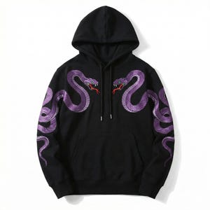May include: Black hooded sweatshirt with embroidered purple snakes on the front and sleeves. The snakes have red and green accents. The sweatshirt has a drawstring hood and a kangaroo pocket.