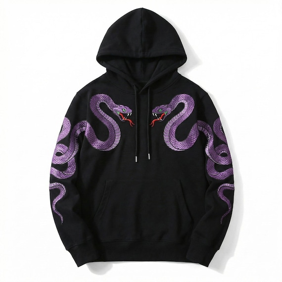 Black Fleece Hoodie with Gothic Purple Snake Embroidery