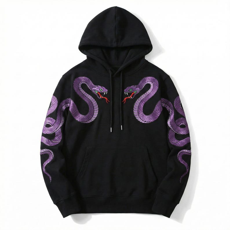 May include: Black hooded sweatshirt with embroidered purple snakes on the front and sleeves. The snakes have red and green accents. The sweatshirt has a drawstring hood and a kangaroo pocket.