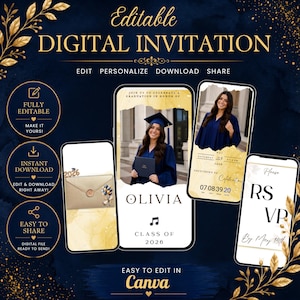 Może przedstawiać: Cyfrowy szablon zaproszenia na ukończenie szkoły w granatowo-złotym kolorze. Zaproszenie zawiera tekst "Editable Digital Invitation" i zawiera makiety smartfonów wyświetlających szczegóły ukończenia szkoły i informacje RSVP. Edytowalne w Canva.
