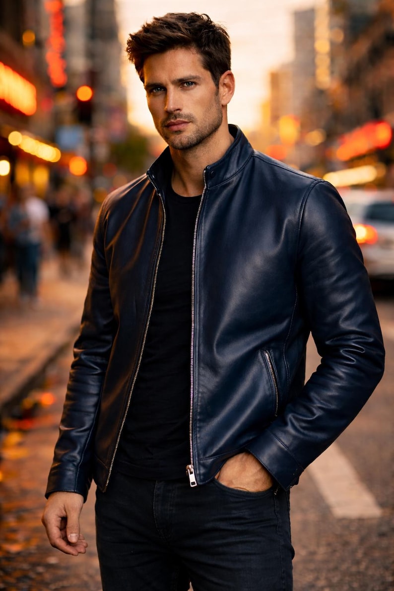 May include: A navy blue leather jacket with a zip-up front and a stand-up collar. The jacket is worn over a black t-shirt and paired with dark jeans. The model is standing on a city street.
