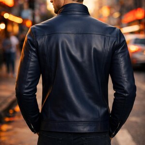 May include: A navy blue leather jacket with a stand-up collar and zipper details. The jacket has a tailored fit and is worn with black jeans. The image is taken outdoors with a blurred city background.