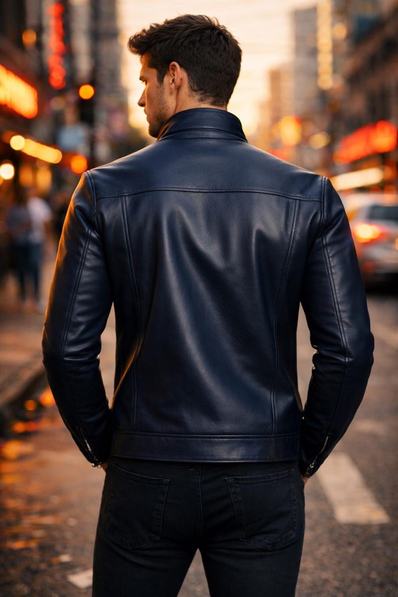May include: A navy blue leather jacket with a stand-up collar and zipper details. The jacket has a tailored fit and is worn with black jeans. The image is taken outdoors with a blurred city background.