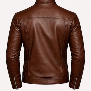 May include: A brown leather jacket with a classic design. The jacket features a collared neckline, a zipper closure, and zippers on the sleeves. The back of the jacket is visible, showcasing the tailored fit and stitching details.
