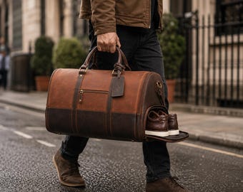 Leder-Duffel Bag mit Schuhfach, Vollnarbenleder Weekender Bag, Travel Gym Overnight Bag, Handgepäck Geschenk für Männer