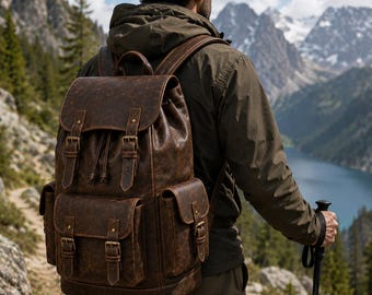 Leather Hiking Backpack | Vintage Style Travel Rucksack | Black & Brown Leather Backpack | Large Camping Daypack | Laptop Backpack | Outdoor
