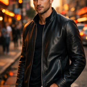 May include: A black leather jacket with a zip-up front and a stand-up collar. The jacket is worn over a black t-shirt. The person is standing on a city street with blurred lights in the background.