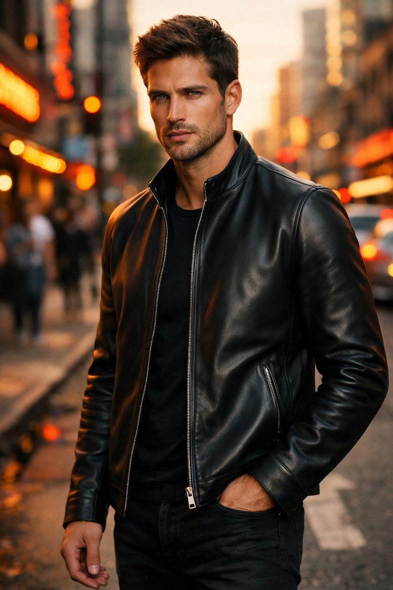May include: A black leather jacket with a zip-up front and a stand-up collar. The jacket is worn over a black t-shirt. The person is standing on a city street with blurred lights in the background.