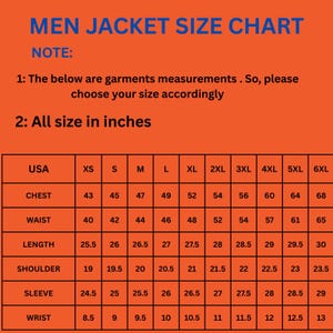 May include: An orange chart titled "MEN JACKET SIZE CHART" with size measurements in inches. The chart includes chest, waist, length, shoulder, sleeve, and wrist measurements for sizes XS to 6XL. The text "NOTE:" and "All size in inches" are also visible.