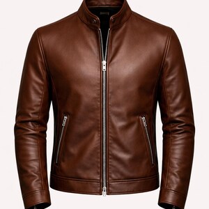 May include: A brown leather jacket with a stand-up collar and a full-length zipper. The jacket has two zippered pockets and a tailored fit. The leather appears smooth and has a rich, warm tone, suggesting quality craftsmanship.