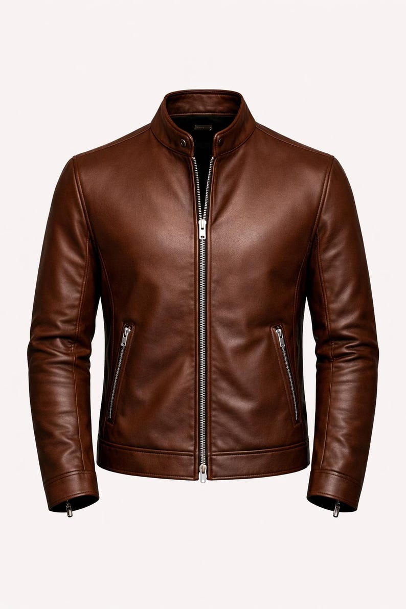 May include: A brown leather jacket with a stand-up collar and a full-length zipper. The jacket has two zippered pockets and a tailored fit. The leather appears smooth and has a rich, warm tone, suggesting quality craftsmanship.