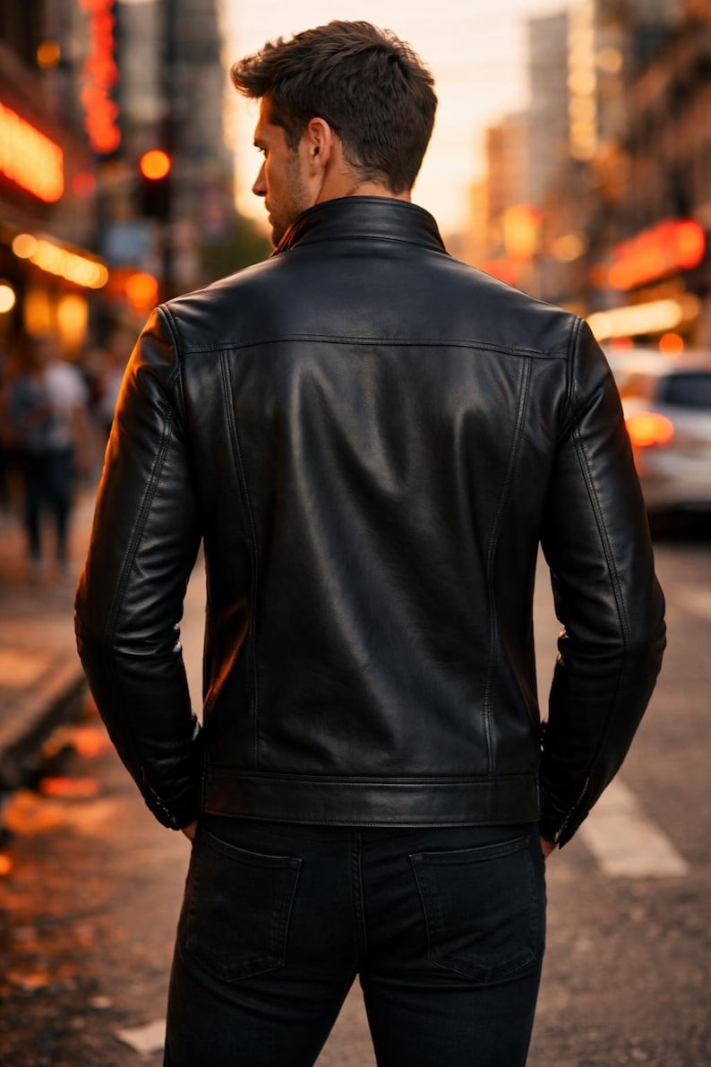 May include: A black leather jacket with a stand-up collar and a tailored fit. The jacket has a classic design with visible stitching and a smooth, glossy finish. The person is wearing black jeans. The background is a blurred city street.