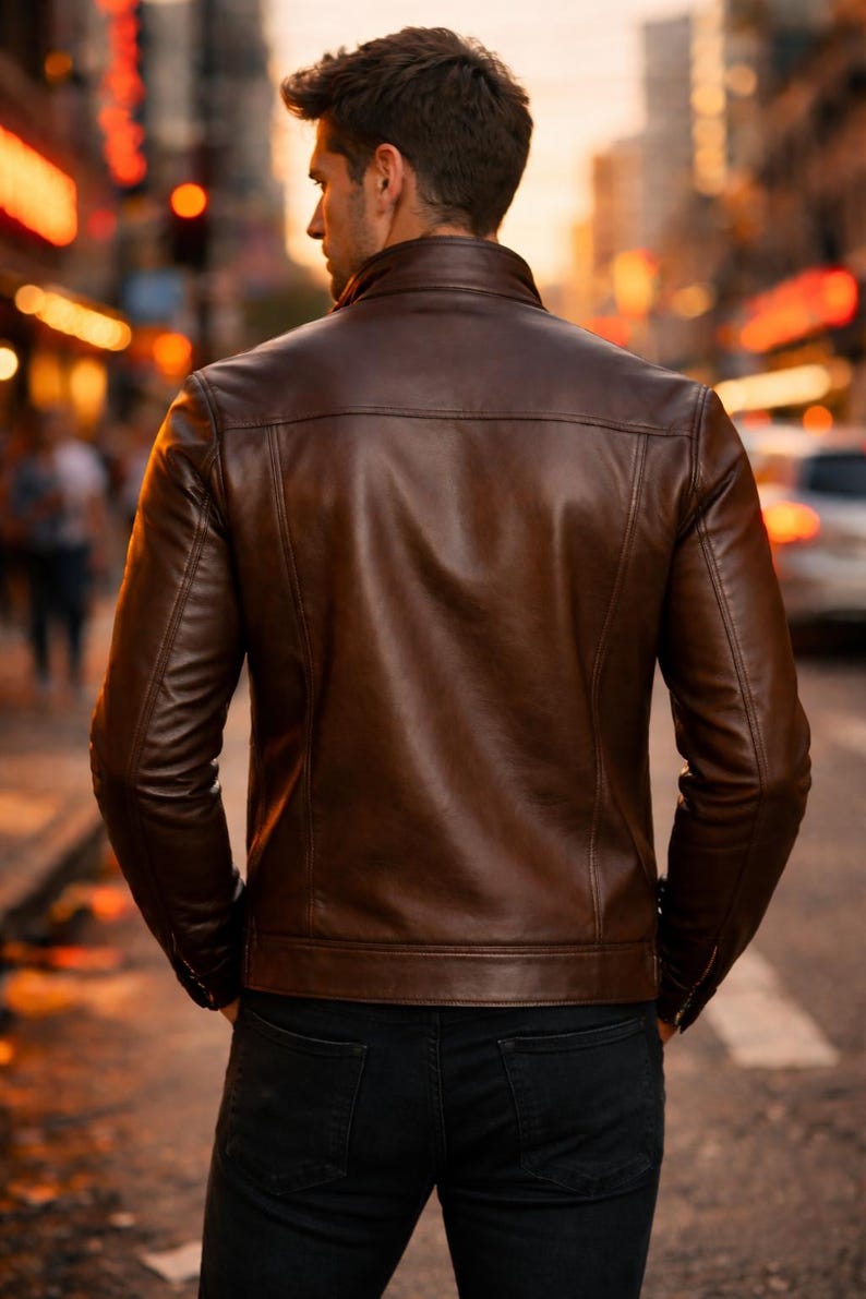 May include: A brown leather jacket with a classic design. The jacket features a stand-up collar, a front zipper, and pockets. The person is wearing black jeans. The background is a blurred city street.