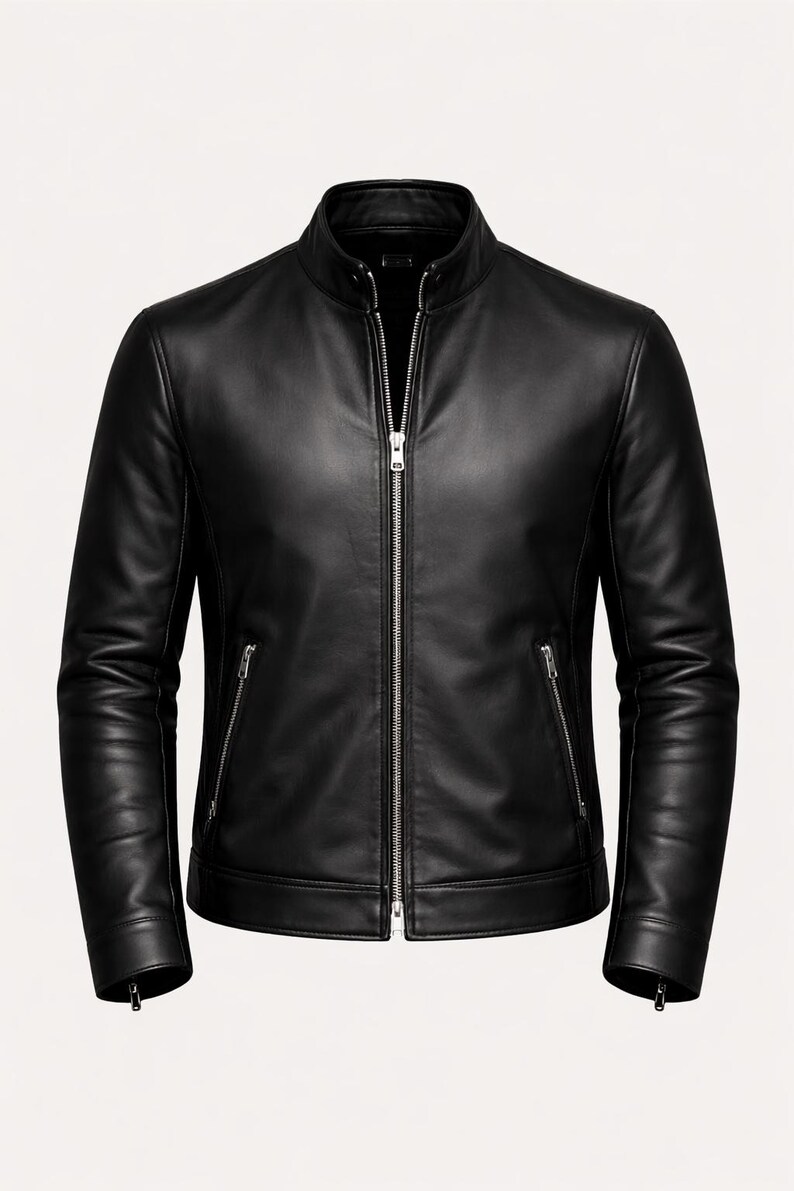 May include: Black leather jacket with a stand-up collar and a full-length zipper. The jacket has two zippered pockets on the front and long sleeves. A classic outerwear piece.