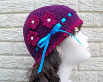 CROCHET PATTERN-Crochet Hat Beanie Cap Pattern,Crochet Flower,(3 sizes18"-22")silkystitches pattern#101