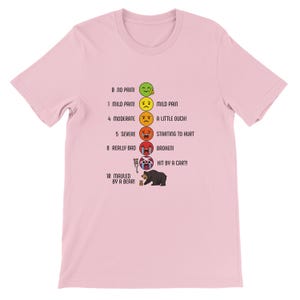Peut inclure: T-shirt rose clair avec un graphique d'échelle de douleur. L'échelle va de "0 Pas de douleur" avec un visage souriant à "10 Attaqué par un ours !" avec une illustration d'ours. Le texte comprend "Douleur légère" et "Commence à faire mal".