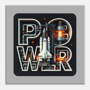May include: An artistic illustration featuring the word "POWER" in a bold, industrial design. A space shuttle is positioned within the "W", with sparks and mechanical elements. The background is black with red star accents.