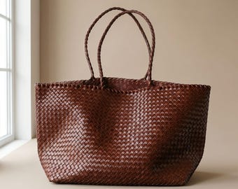Woven Leather Tote Bag, Vintage Bag Large Capacity Commuter Bag Women, Leather Braided Tote, Leather Beach Holiday Handbag,Leather Daily Bag