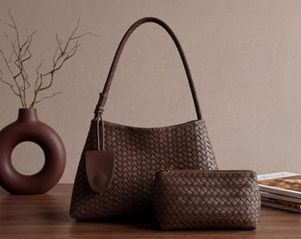 French Chic Woven Leather Bag,Personalized 2-In-1 Shoulder Bag With Charm, Everyday Commuter Purse,Pu Leather Handbag,Mother's Day Gift, Bag