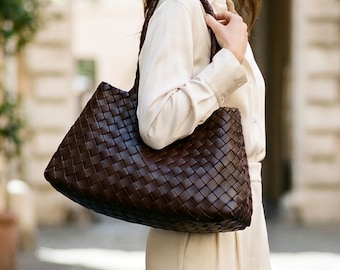 Retro Hand-Woven First-Layer Cowhide Shoulder Bag, Genuine Cowhide Shoulder Bag, Soft Leather Bag, Gift For Mom Wife, Leather Daily Bag