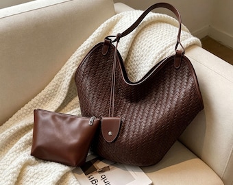 Personalized Woven Leather Handbag Set, Mother Bag & Pouch, Large Capacity Shoulder Tote,Elegant Everyday Bag For Women,Gift For Her, PU Bag