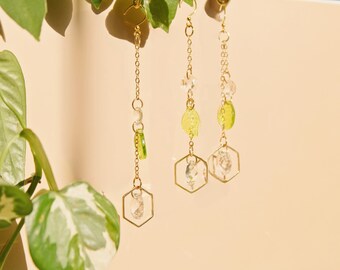 Juego de atrapasoles de cristal botánico • Adornos de plantas con hojas verdes para ventana