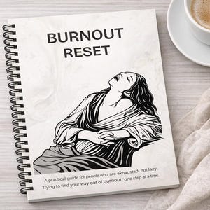 Puede incluir: Un cuaderno con espiral con el título "BURNOUT RESET" y una ilustración de una persona. El texto debajo dice: "Una guía práctica para personas que están exhaustas, no perezosas. Intentando encontrar tu camino fuera del agotamiento, paso a paso."