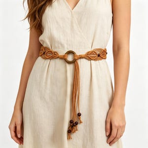 Woven Fabric Sash‎ Belt Wooden Ring Buckle Fringed Tweed Boho Neutral Wide Wrap INSPIRE CHIC Women main image 2