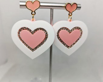 Pink White Rhinestone Heart Acrylic Valentine Earrings