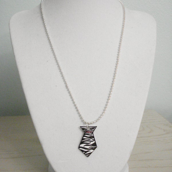 Zebra Tie And Pink Glitter Pendant Necklace