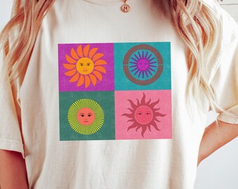 Camiseta retro con sol, top pop art celestial de los años 70, camisa con gráfico bohemio